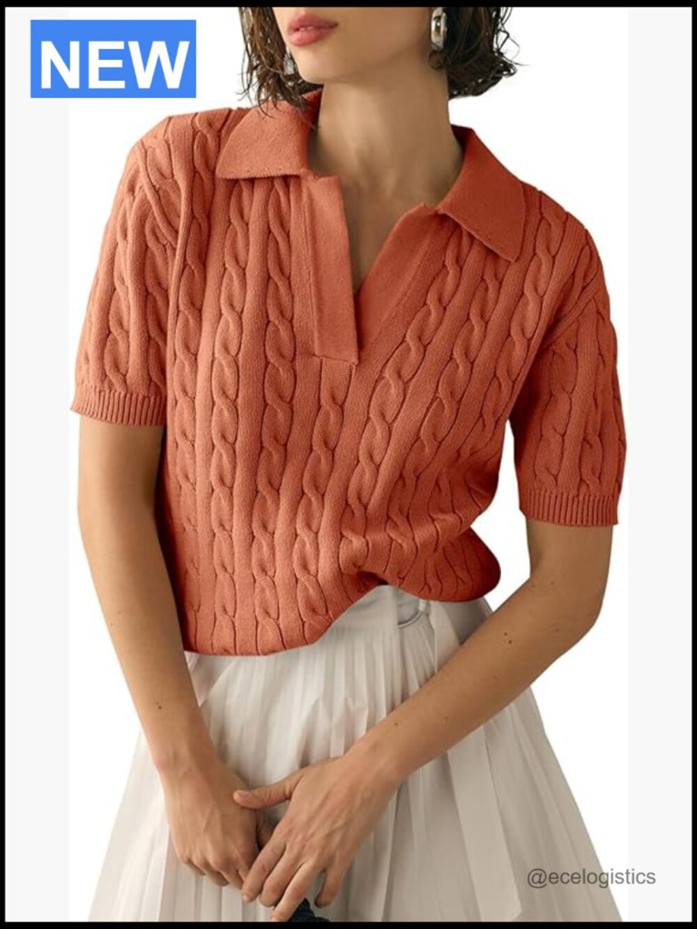 Short Sleeve Cable Knit V-Neck Sweater Pullover Casual Soft Top